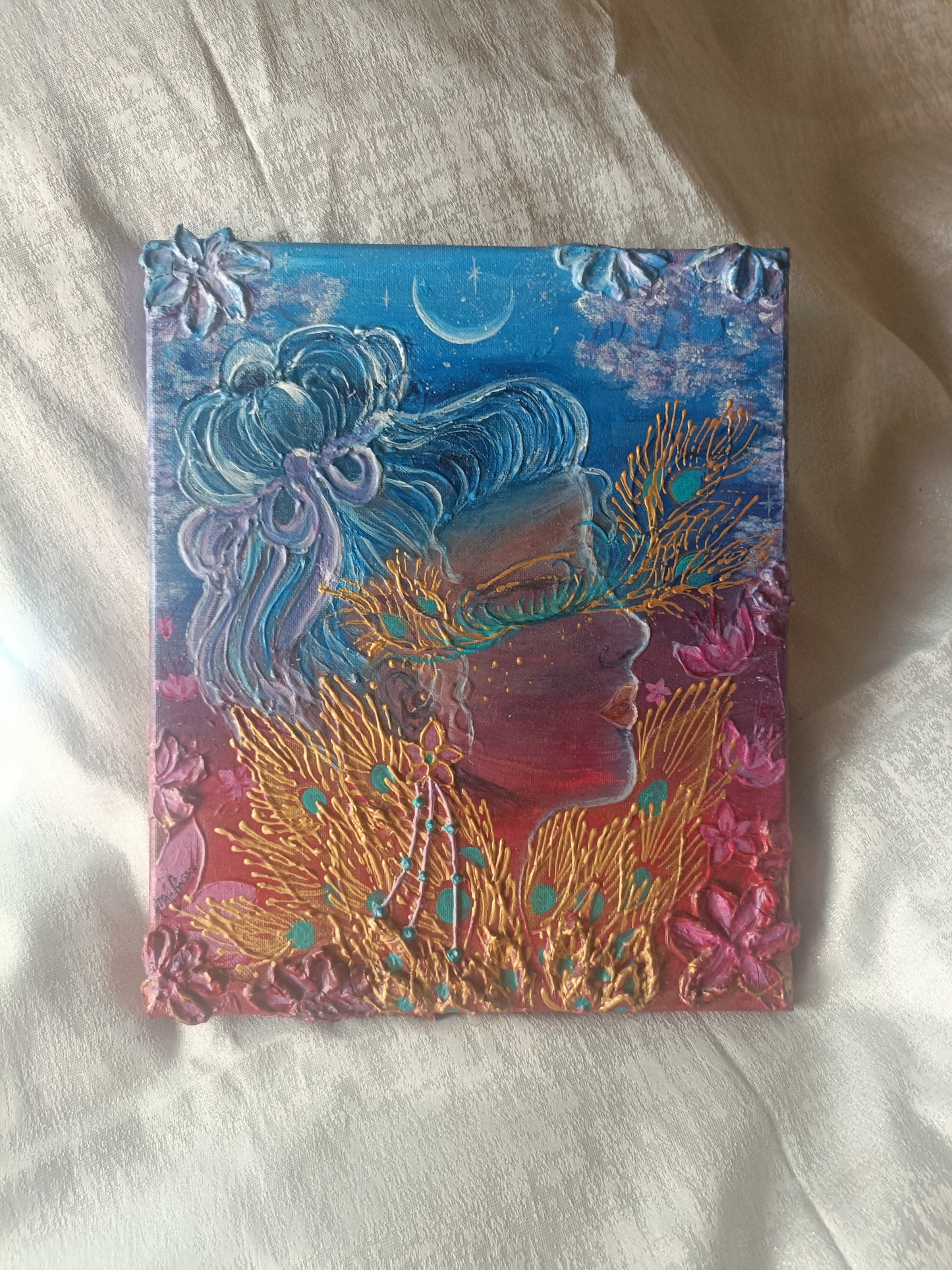 Rapariga entre penas douradas- pintura original